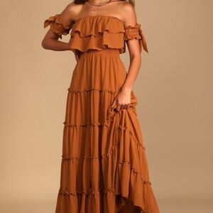 NWT Lulus Light Brown Off-the-shoulder Ruffled Maxi Dress - Size L